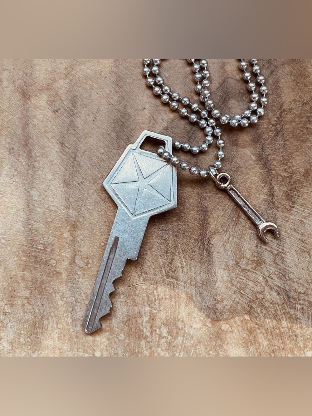 Vintage Chrysler Silver Key Pendant Necklace with wrench charm
